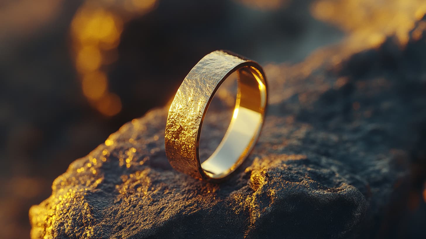 Textured 22k gold band balanced on dark rock in golden light