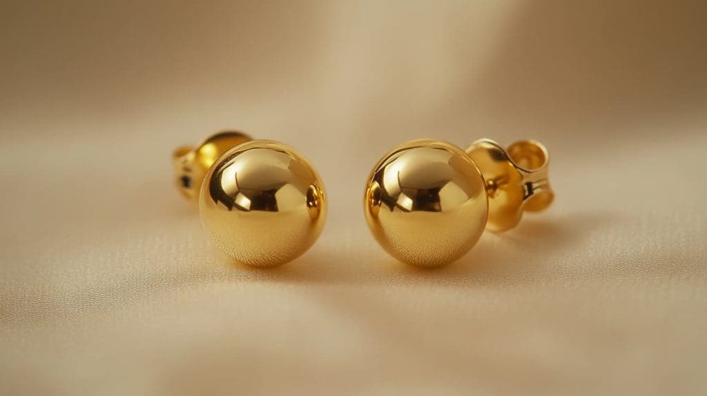 Pair of 22K gold stud earrings with a glossy, spherical design, highlighting the simplicity and elegance of 916 gold.