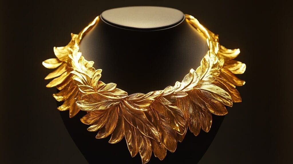 Luxurious 24K gold necklace in a leaf design, highlighting the rich yellow color and artistry of pure gold jewelry.