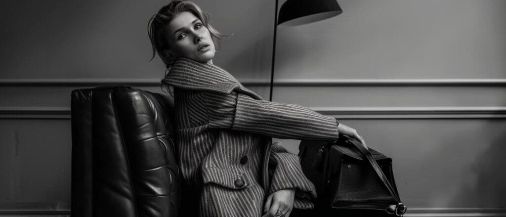 Woman in a striped coat seated beside a leather armchair with a leather bag