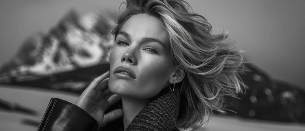 Portrait of a woman with windswept hair wearing a knit collar and hoop earrings, mountains in the background