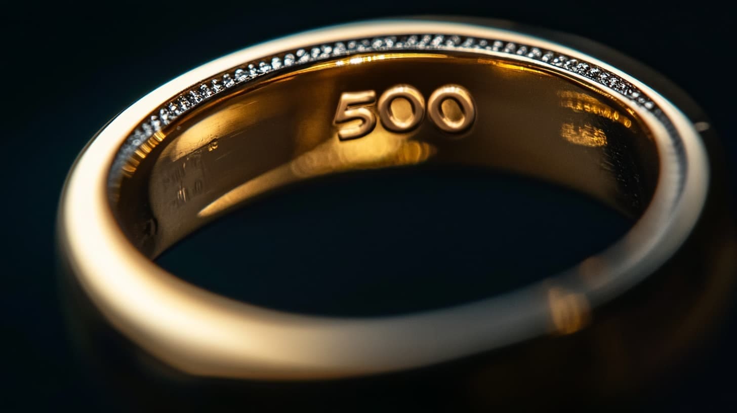 Close-up of a gold ring's inner band stamped 500, with a diamond-set edge