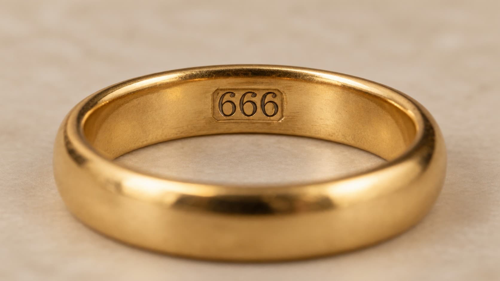Close-up of a 666 stamp engraved inside a gold ring band