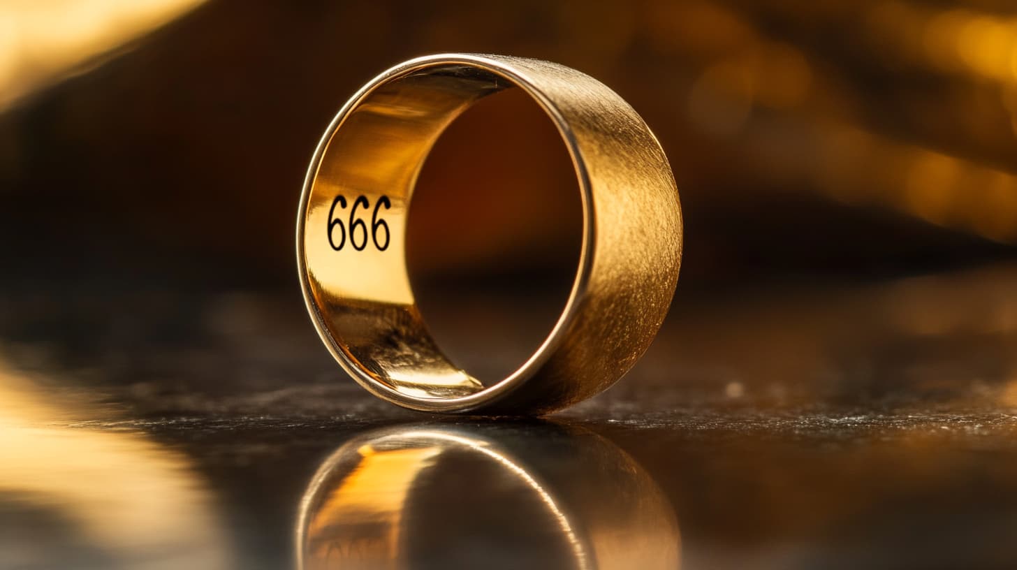 Wide brushed gold band stamped 666 inside, lit by warm light