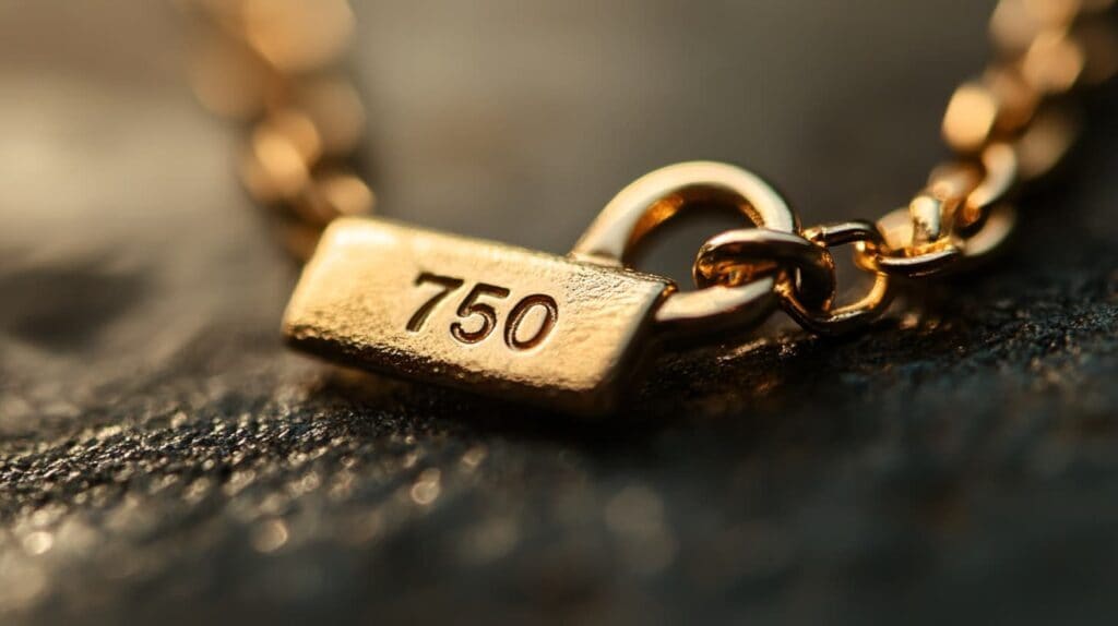 Closeup of a gold chain with a "750" hallmark stamp, signifying 18-karat gold purity, resting on a dark textured surface.