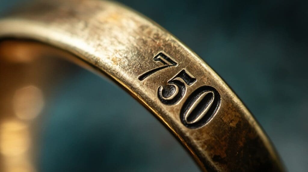 Detailed view of a gold ring with a "750" stamp, representing 18-karat gold, highlighting its craftsmanship and quality.
