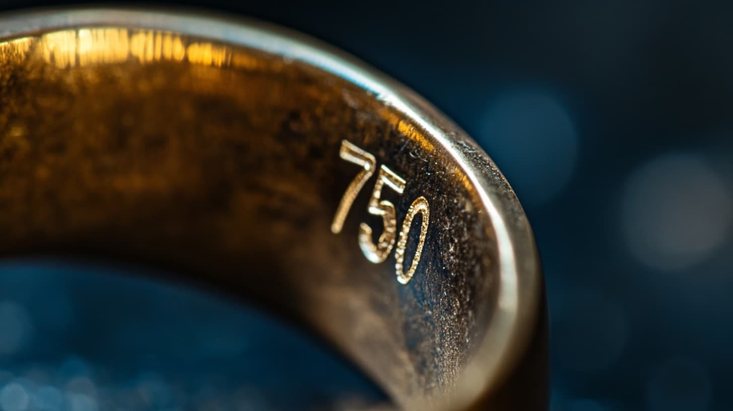 Macro view of a 750 hallmark stamped on the inside of a gold band