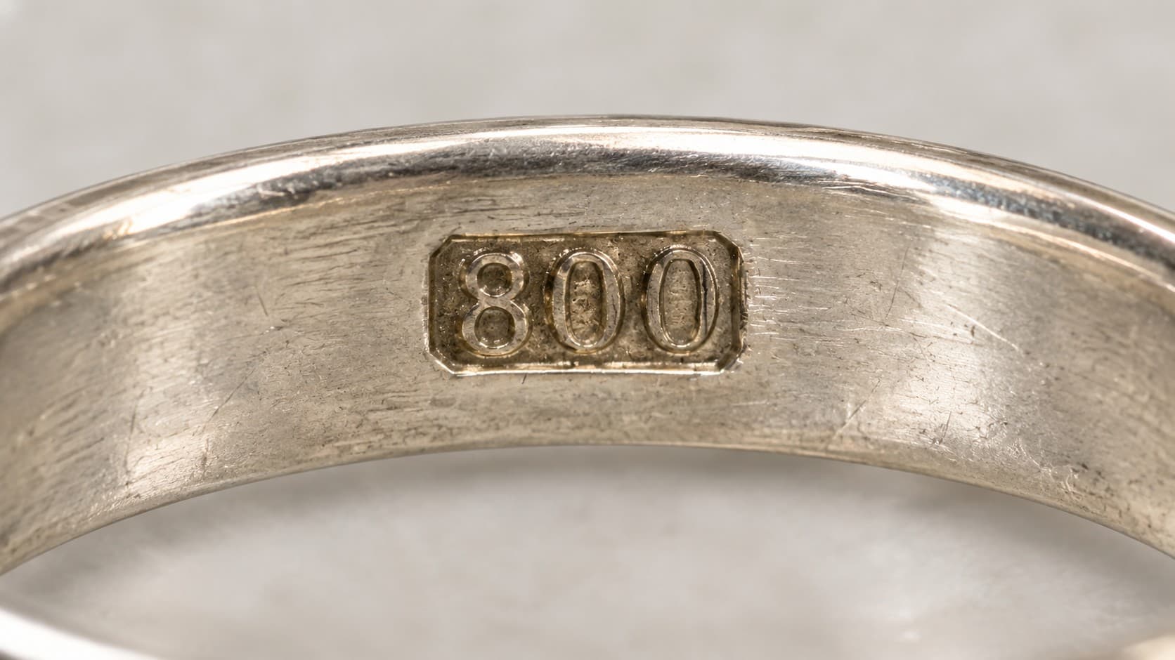 800 silver stamp engraved inside a ring band, showing 80 percent silver fineness mark