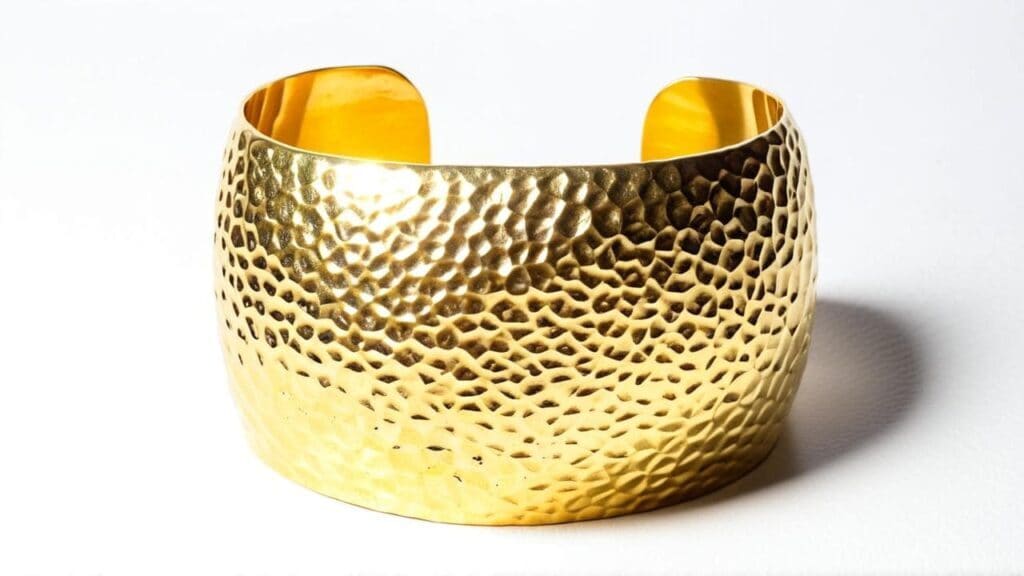 Wide hammered gold cuff bracelet from the 1980s featuring textured surface, popular in power dressing and professional settings