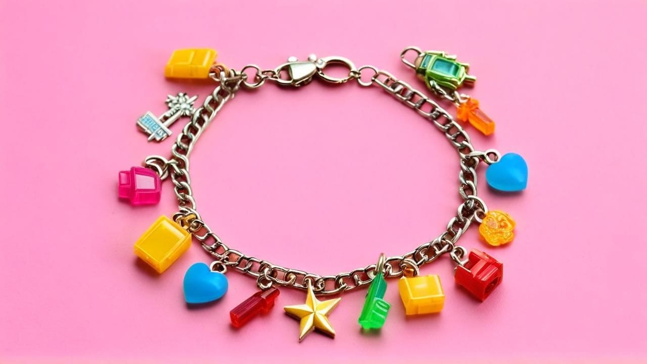 Silver chain bracelet strung with colorful 80s plastic charms on a pink background