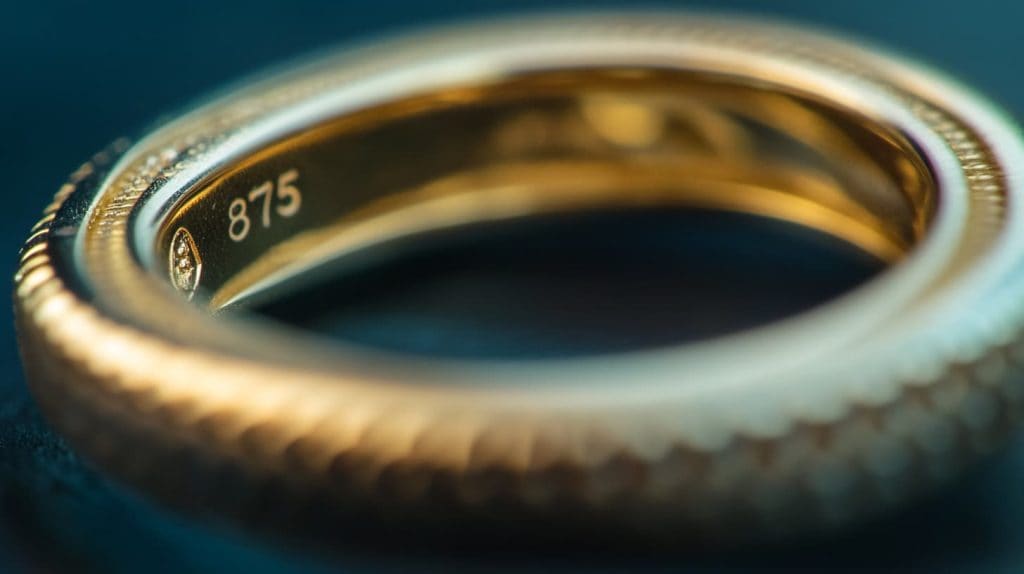 Macro view of a 21K gold ring featuring the 875 hallmark and intricate detailing, highlighting its authenticity and craftsmanship.