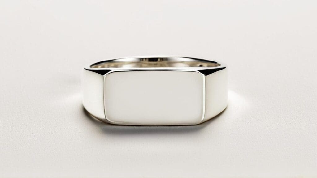 Bold rectangular face signet ring crafted from 900 silver, highlighting the alloy’s strength and clean aesthetic.