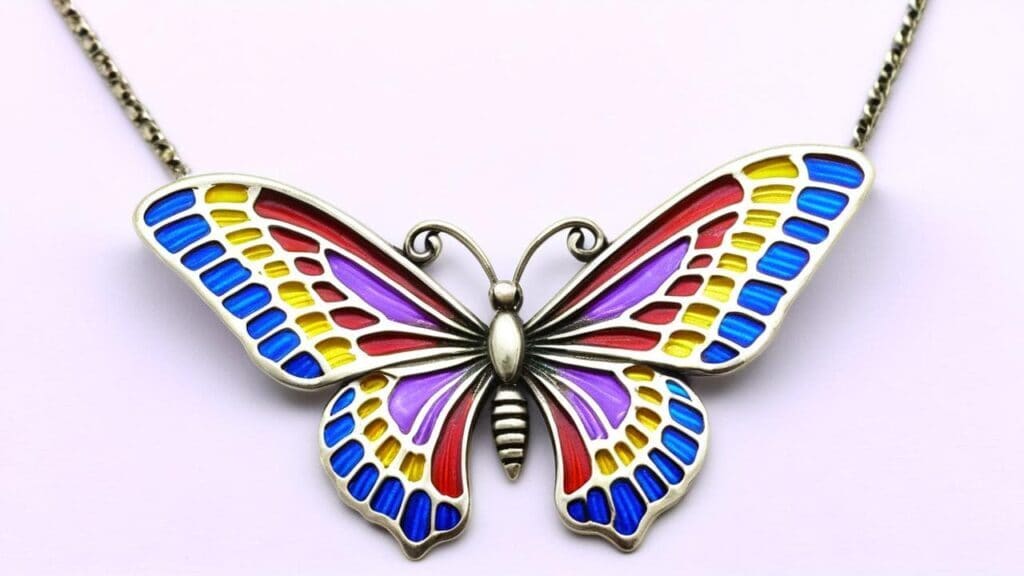 Colorful enamel butterfly pendant necklace with stained glass style design from 1990s