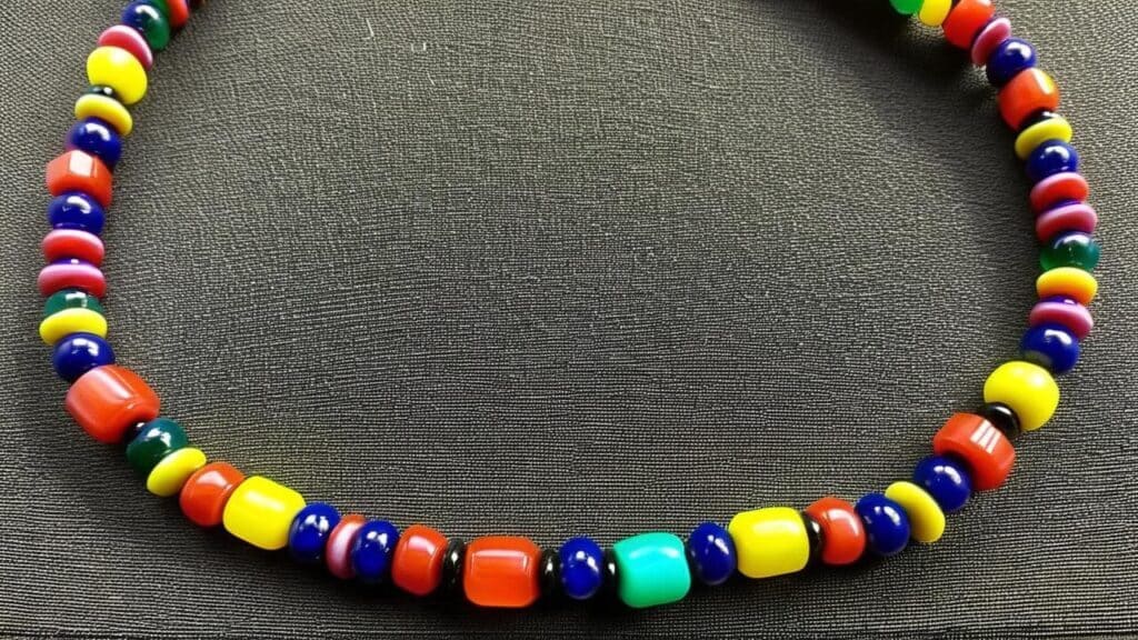Colorful plastic beaded necklace with bright primary colors, typical of 90s rave culture and club kid fashion