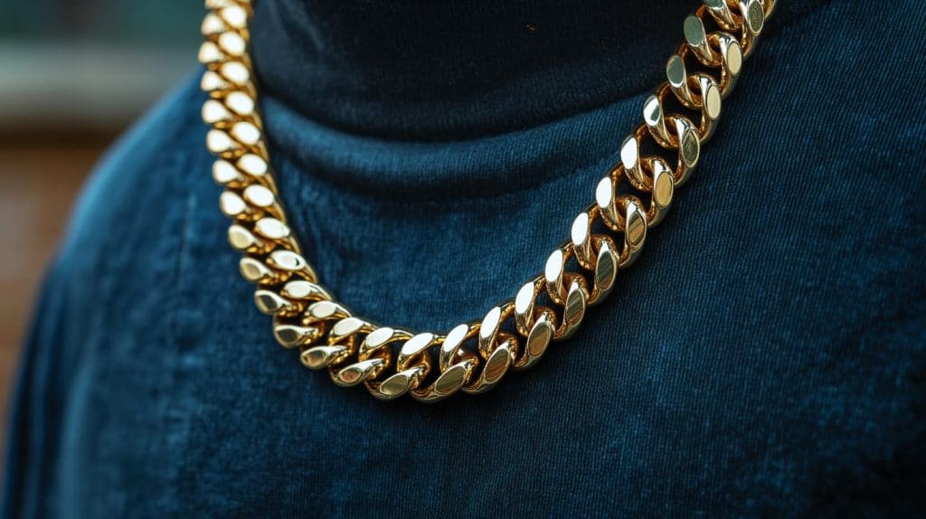 Close-up of a bold 22K gold chain with a polished finish, showcasing the rich yellow hue and timeless appeal of 916 gold jewelry.