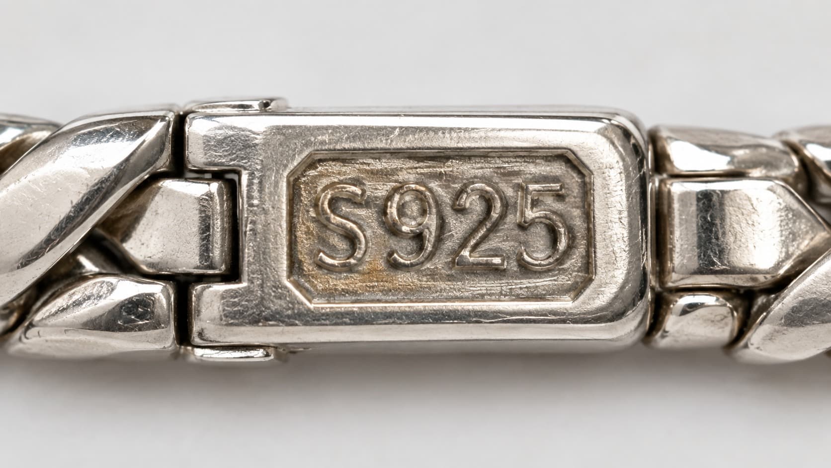 S925 stamp engraved on a sterling silver bracelet clasp