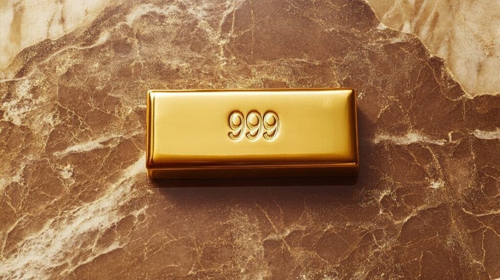 Solid 999 gold bar on marble surface, displaying hallmark for 99.9% purity, ideal for investment and wealth preservation.