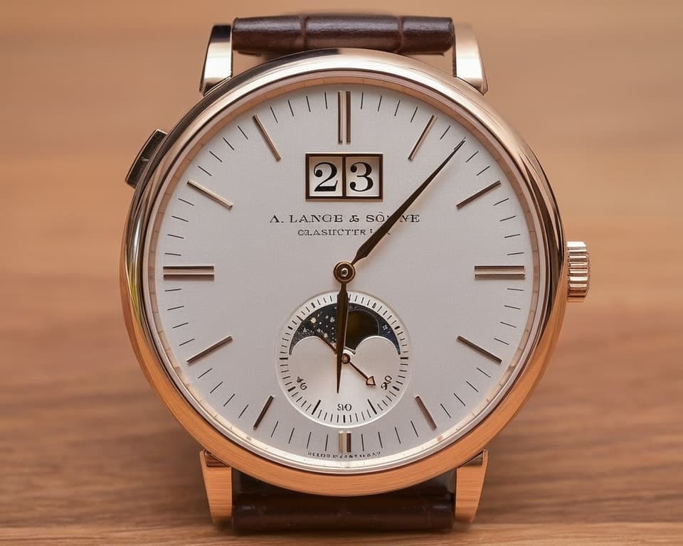 A. Lange & Söhne Saxonia moon phase watch in rose gold case with silver dial, displaying large date at 12 o'clock and moon phase complication at 6 o'clock on brown leather strap