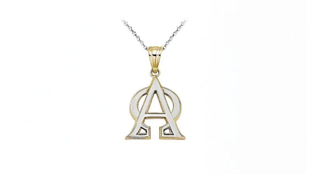 Alpha and Omega pendant with combined white gold and yellow gold finish on silver chain symbolizing beginning and end