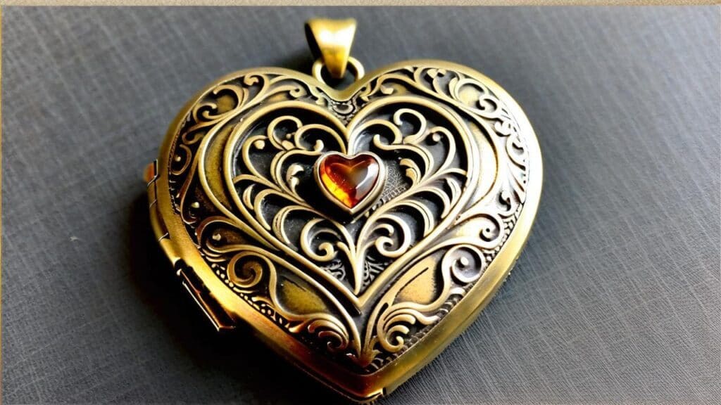 Antiqued brass heart locket featuring intricate filigree scrollwork with darkened recesses and an amber gemstone center on gray background