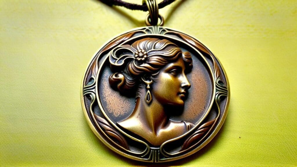 Antiqued bronze pendant featuring Art Nouveau style woman's profile with flowing hair, showcasing the classic patina highlighting relief details