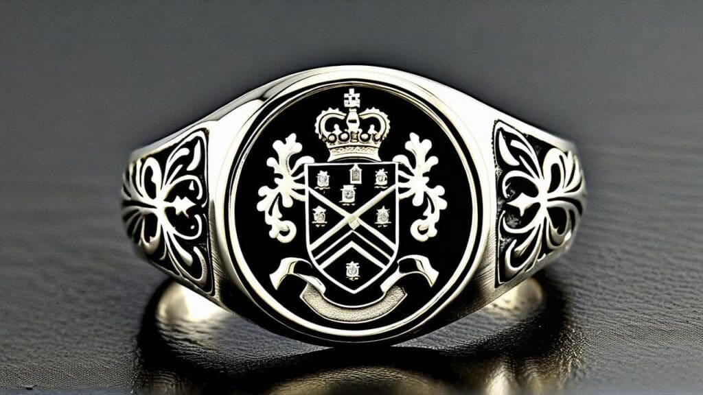 Oxidized silver signet ring with black antiqued background displaying heraldic crest and crown, showing classic antiquing technique enhancing contrast