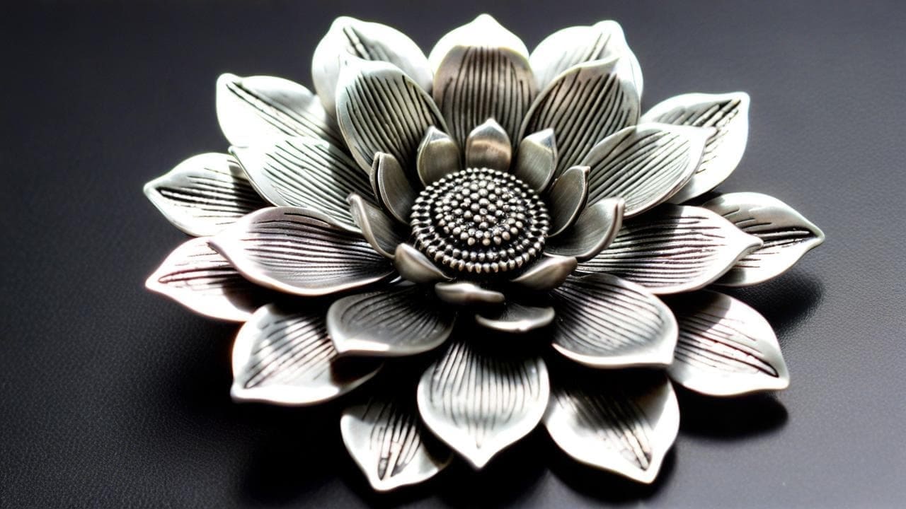 Antiqued silver lotus flower brooch with layered engraved petals
