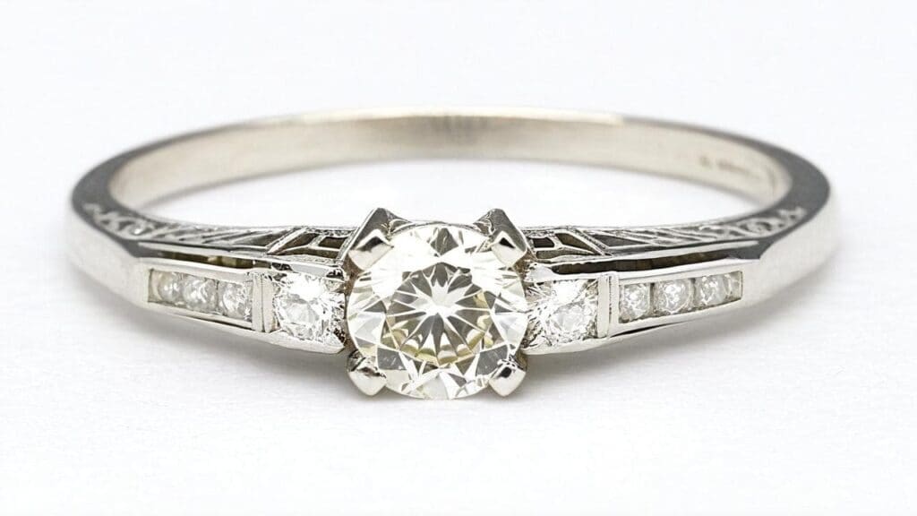 White gold engagement ring with geometric Art Deco design showing the streamlined aesthetic that emerged after World War I when platinum restrictions led to alternative metal innovations