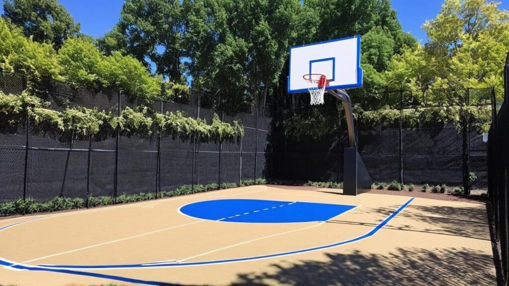 Private backyard basketball court with blue center circle and professional-grade hoop, perfect for practicing the skills that might one day earn a championship ring.