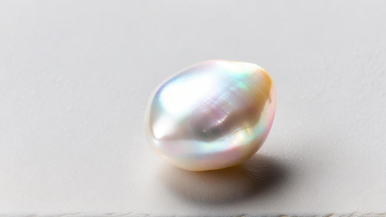 Baroque freshwater pearl with iridescent rainbow luster on white