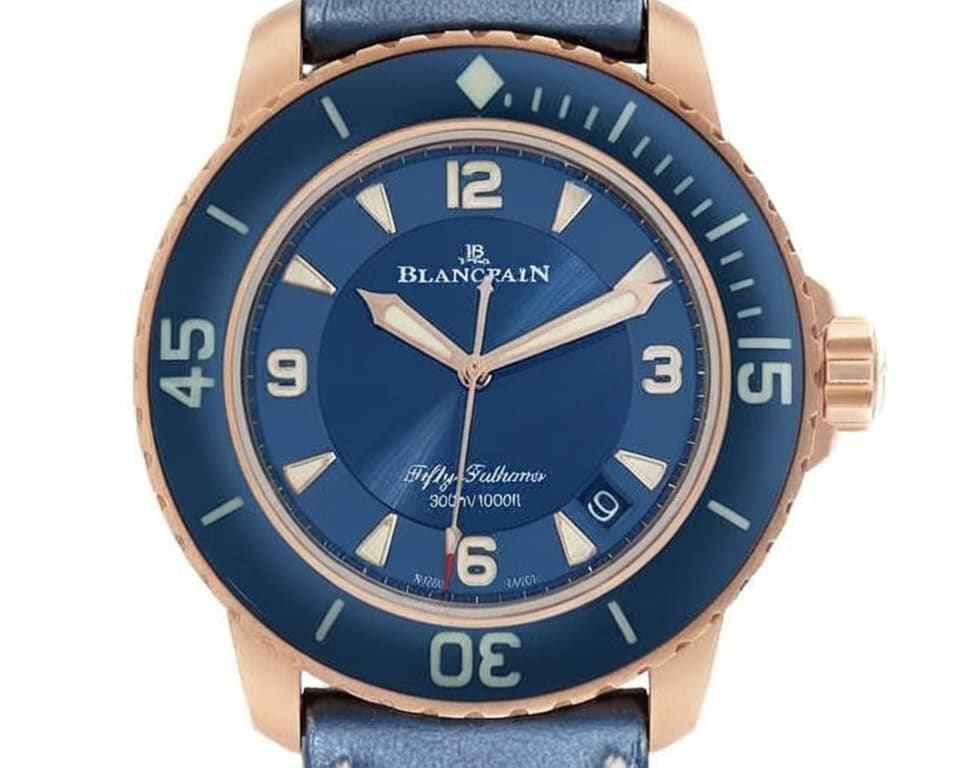 Blancpain Fifty Fathoms in rose gold with blue sunburst dial, blue ceramic unidirectional bezel, luminescent hands and markers, and blue leather strap rated 300 metres water resistant