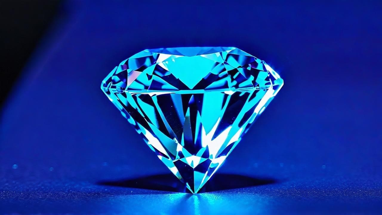 Diamond glowing bright blue under ultraviolet light on a dark blue surface