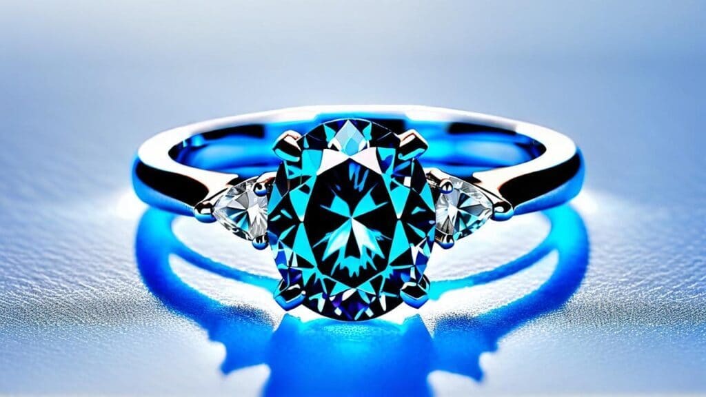 Engagement ring with oval-cut blue fluorescent diamond and trillion side stones on light background