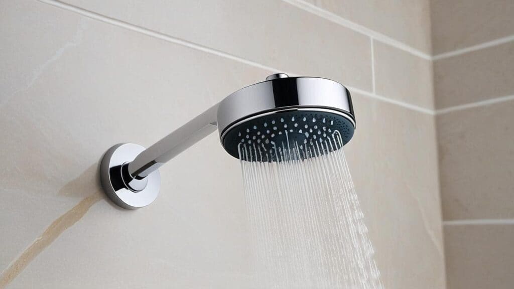 Chrome shower head side view with water stream that contains minerals damaging to fine jewelry and gemstones