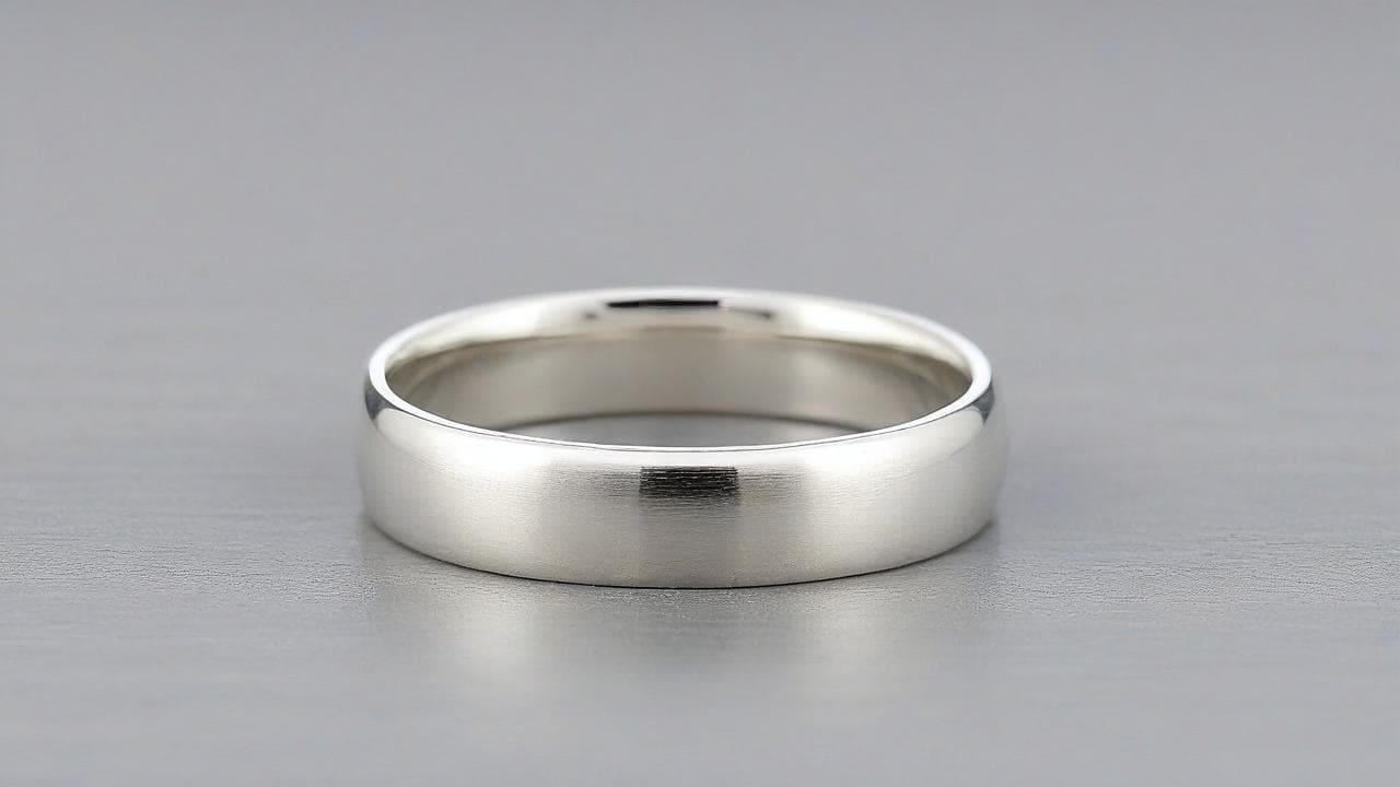 Plain Argentium silver band ring with a satin finish on grey