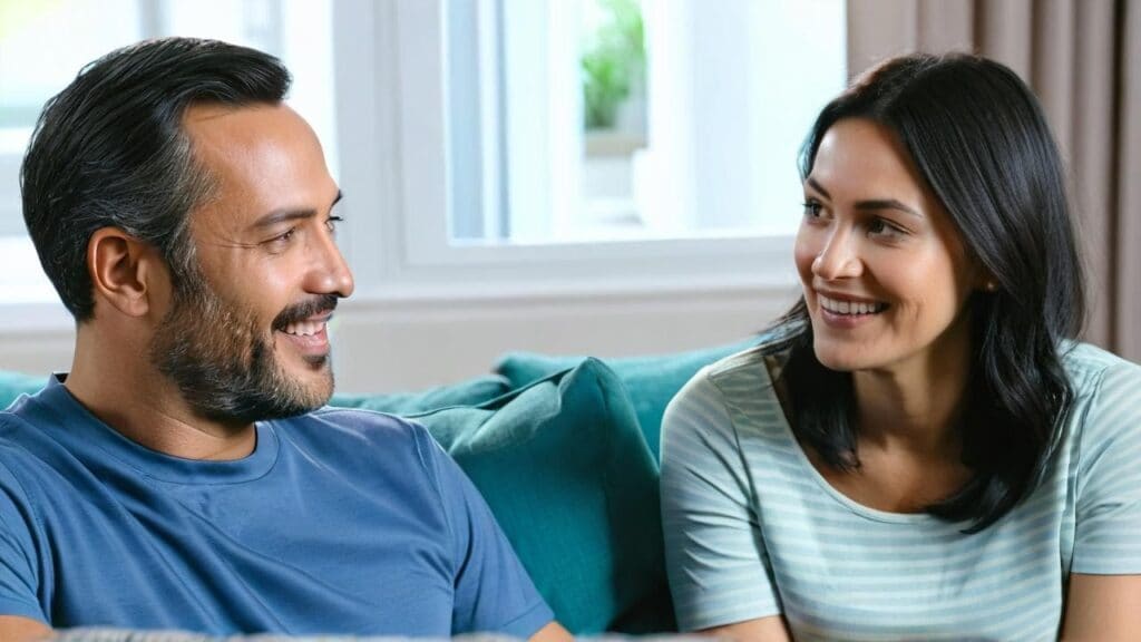 Happy couple talking and smiling at each other on a teal couch, demonstrating the communication needed before proposing.