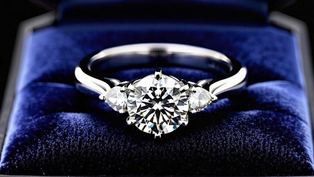 A three-stone engagement ring featuring a round brilliant center diamond with trillion side stones, displayed in a blue velvet ring box