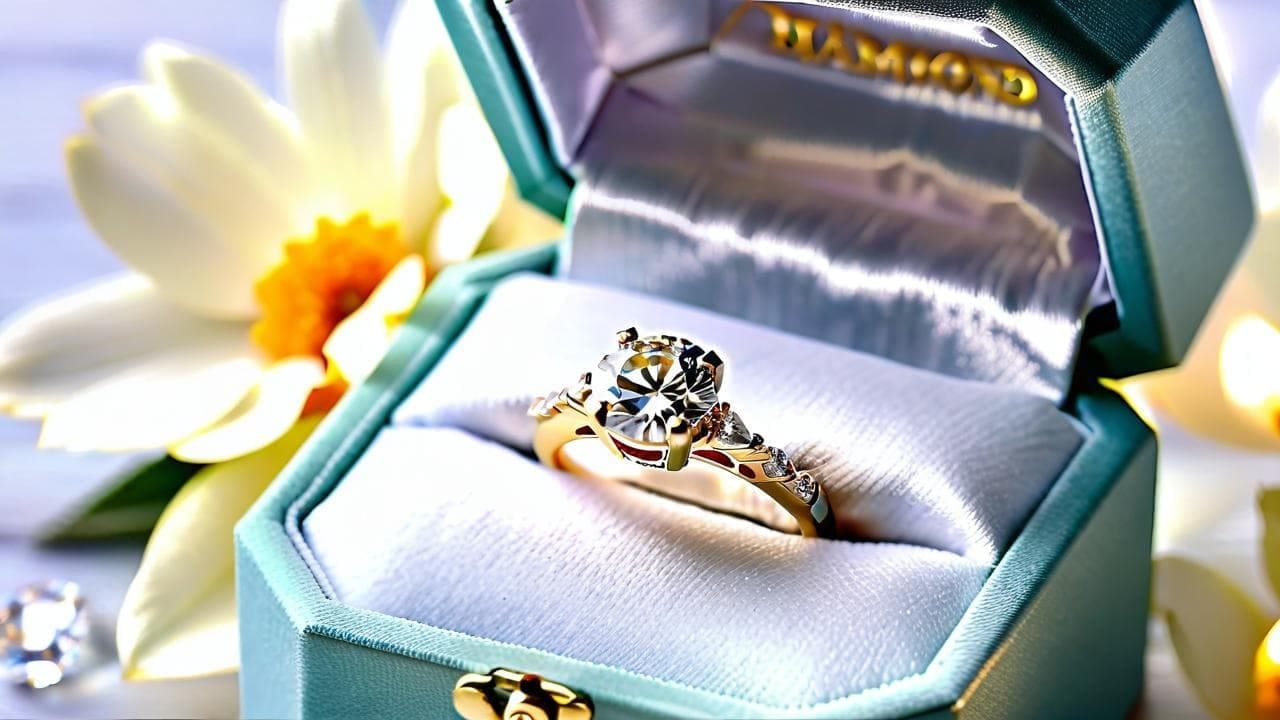 Gold diamond engagement ring in an open teal velvet proposal box beside white flowers