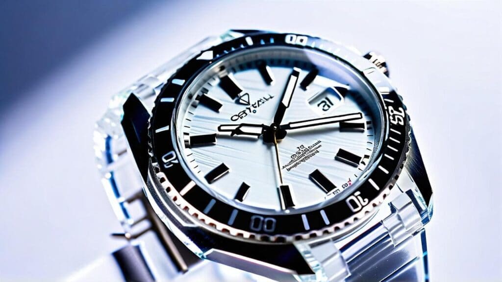 Dive watch with scratched crystal surface showing wear patterns across white dial and rotating timing bezel