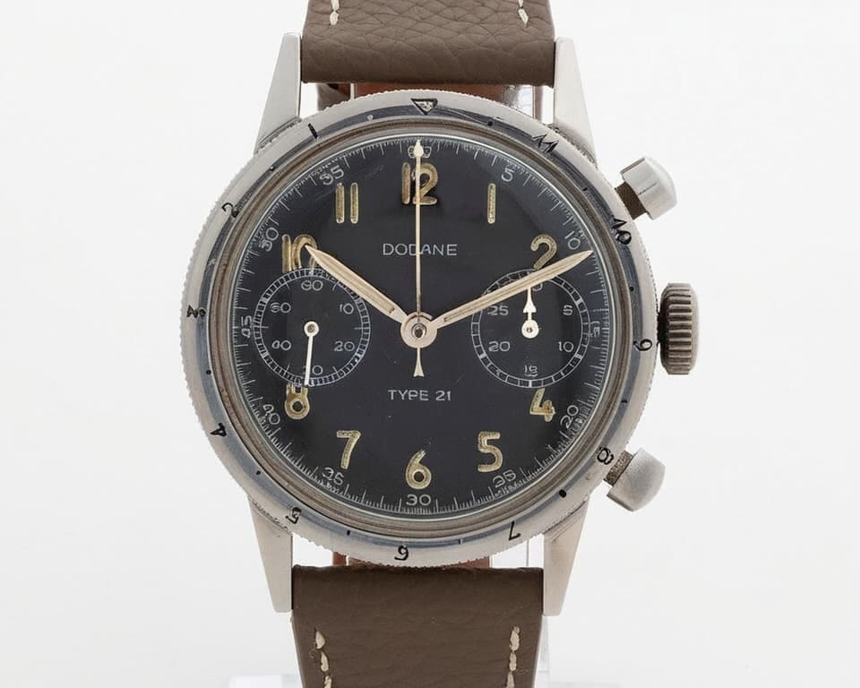 Vintage Dodane Type 21 flyback chronograph with aged black dial and brown strap