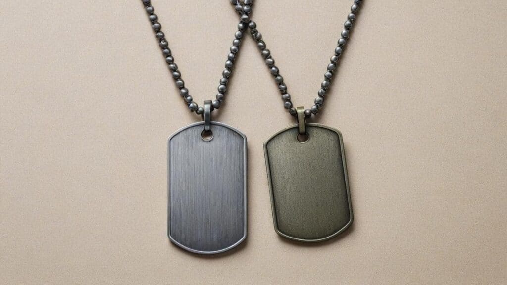 Silver and bronze dog tags on ball chain necklaces showing military identification style with blank surfaces for engraving