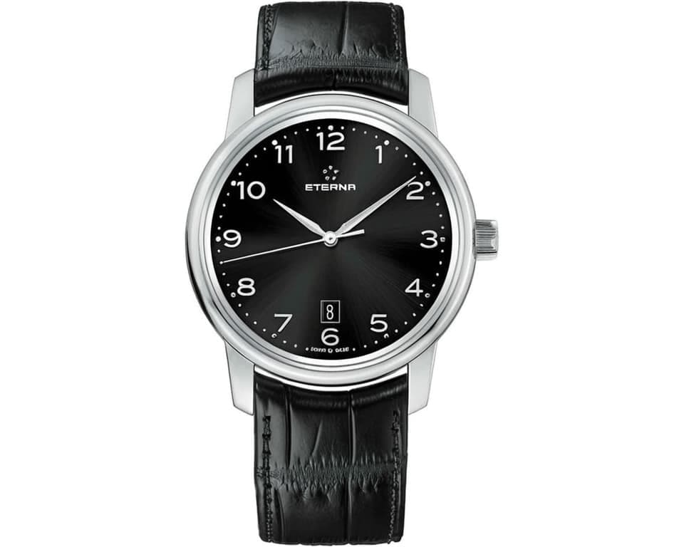 Eterna Vaughan automatic watch with polished stainless steel case, black sunray dial with Arabic numerals and date window at 6 o clock, on a black leather strap