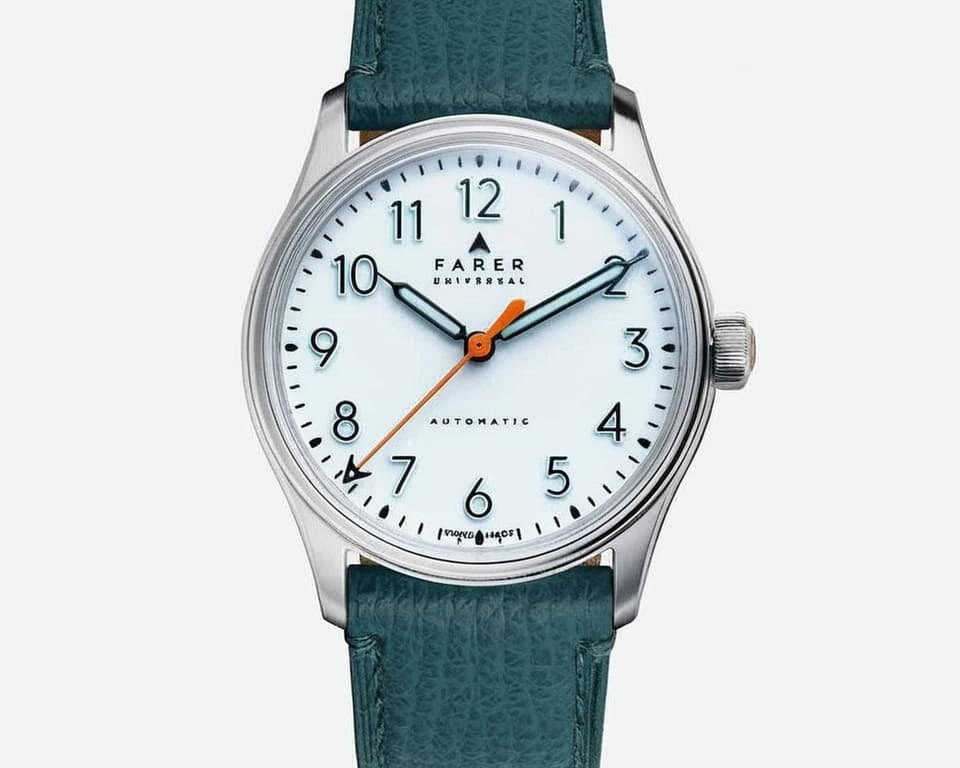 Farer Universal automatic watch with white dial bold Arabic numerals orange seconds hand and teal leather strap on grey background