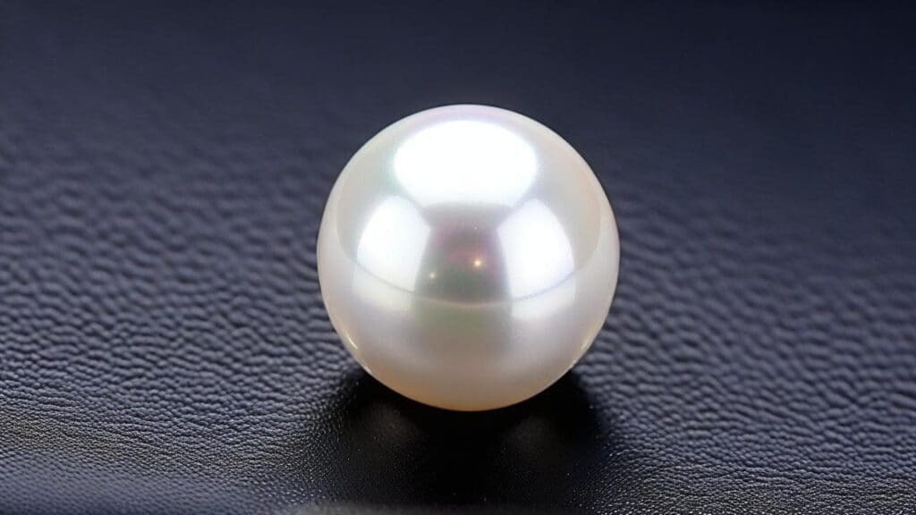 Perfectly round white glass pearl imitation showing uniform surface and reflective shine rather than dimensional luster