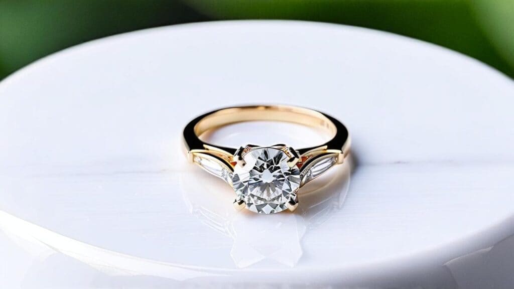 Elegant gold engagement ring with round center diamond and tapered baguette side stones on white marble surface.