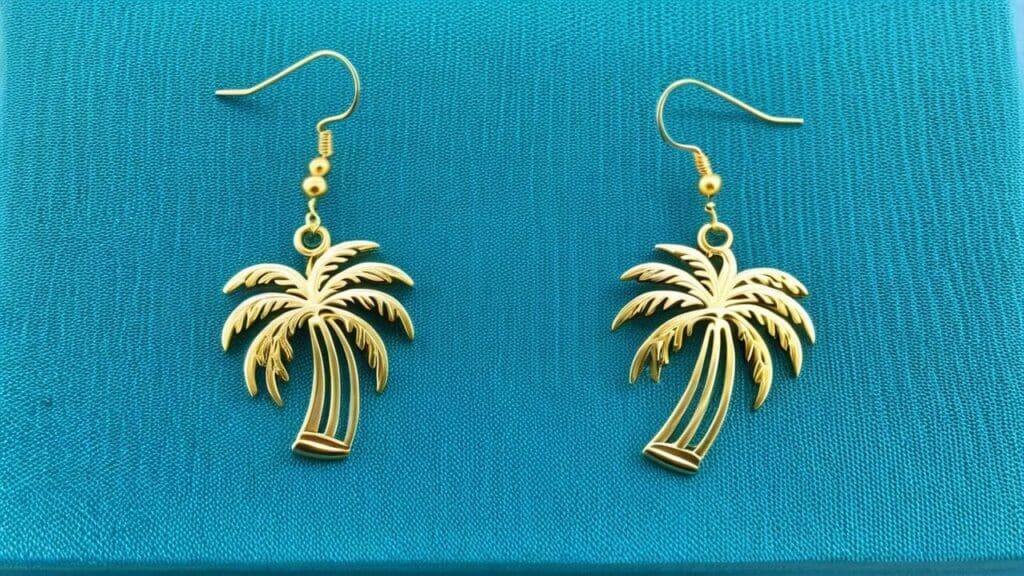 Gold palm tree dangle earrings with detailed fronds and curved trunks hanging from gold hooks on a turquoise fabric.
