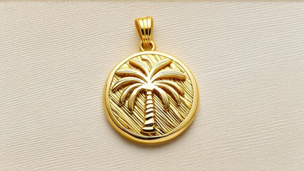 Gold palm tree pendant necklace featuring detailed fronds on a textured circular medallion background.