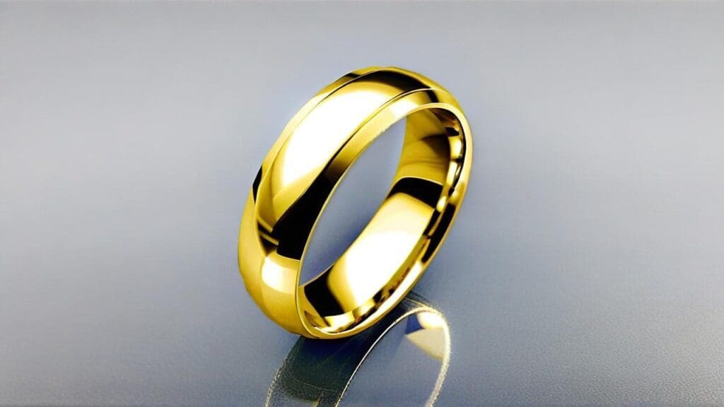 Highly polished gold wedding band with smooth rounded edges and mirror like finish