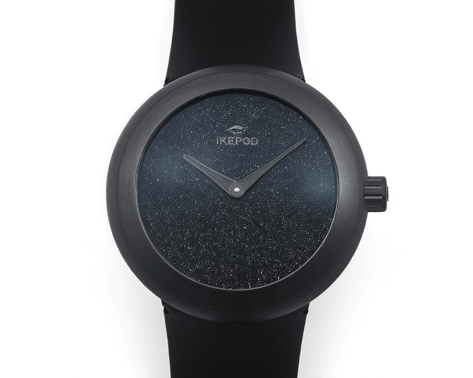 Ikepod pod-shaped watch in black with sparkling aventurine dial and rubber strap
