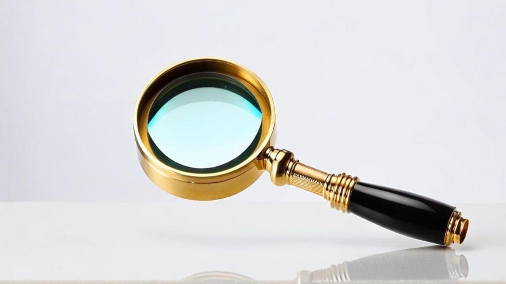 Gold and black jeweler's loupe magnifying glass with blue-tinted lens for examining gemstones and jewelry details